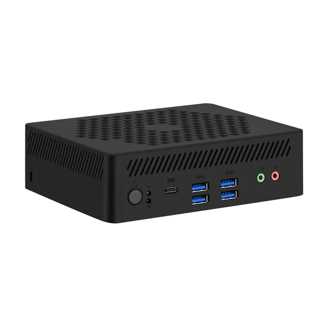 Czarny mini PC z otworami wentylacyjnymi, portami USB i gniazdami audio.