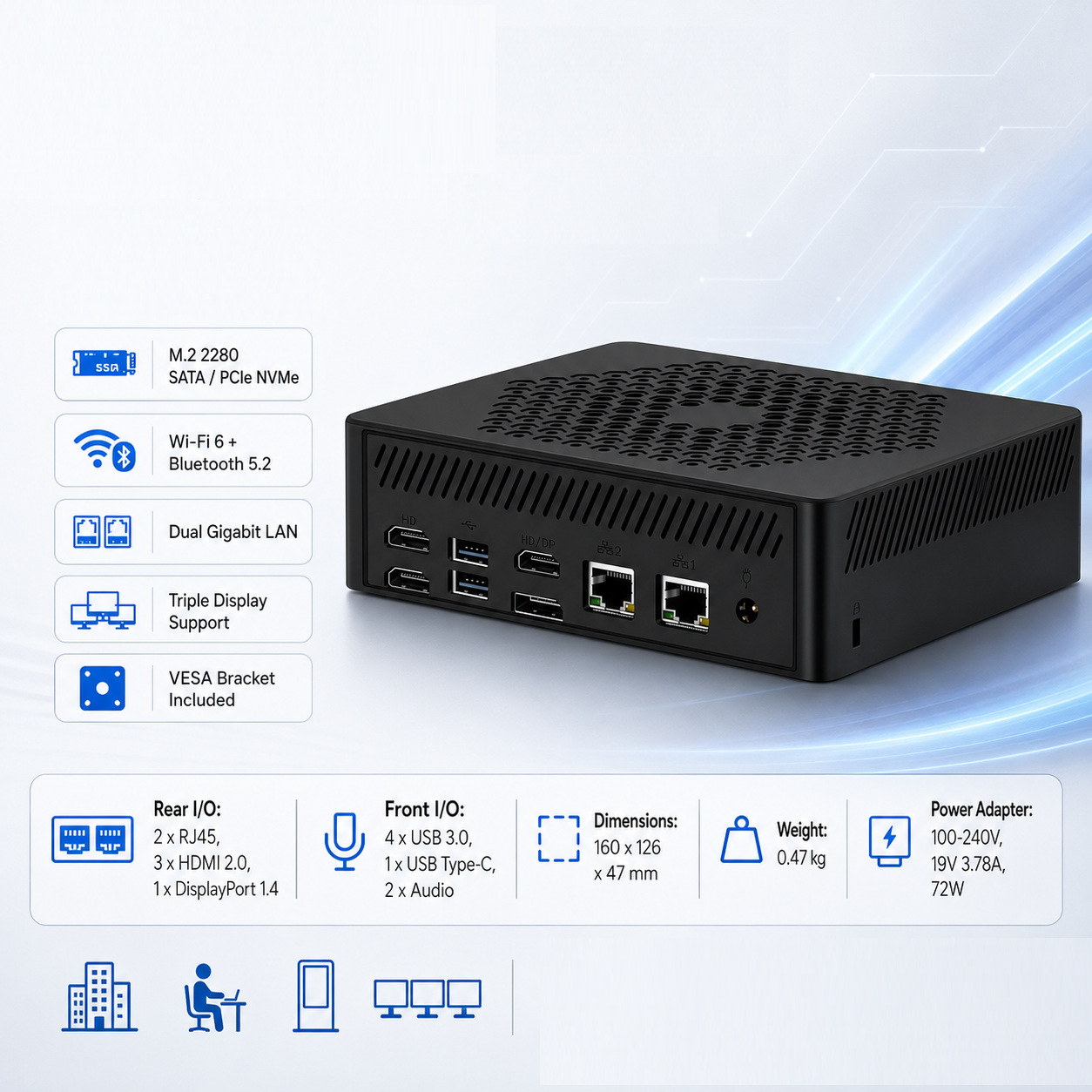 Czarny mini PC z portami z przodu: USB 3.0, USB-C, audio. Z tyłu: RJ45, HDMI, DP.