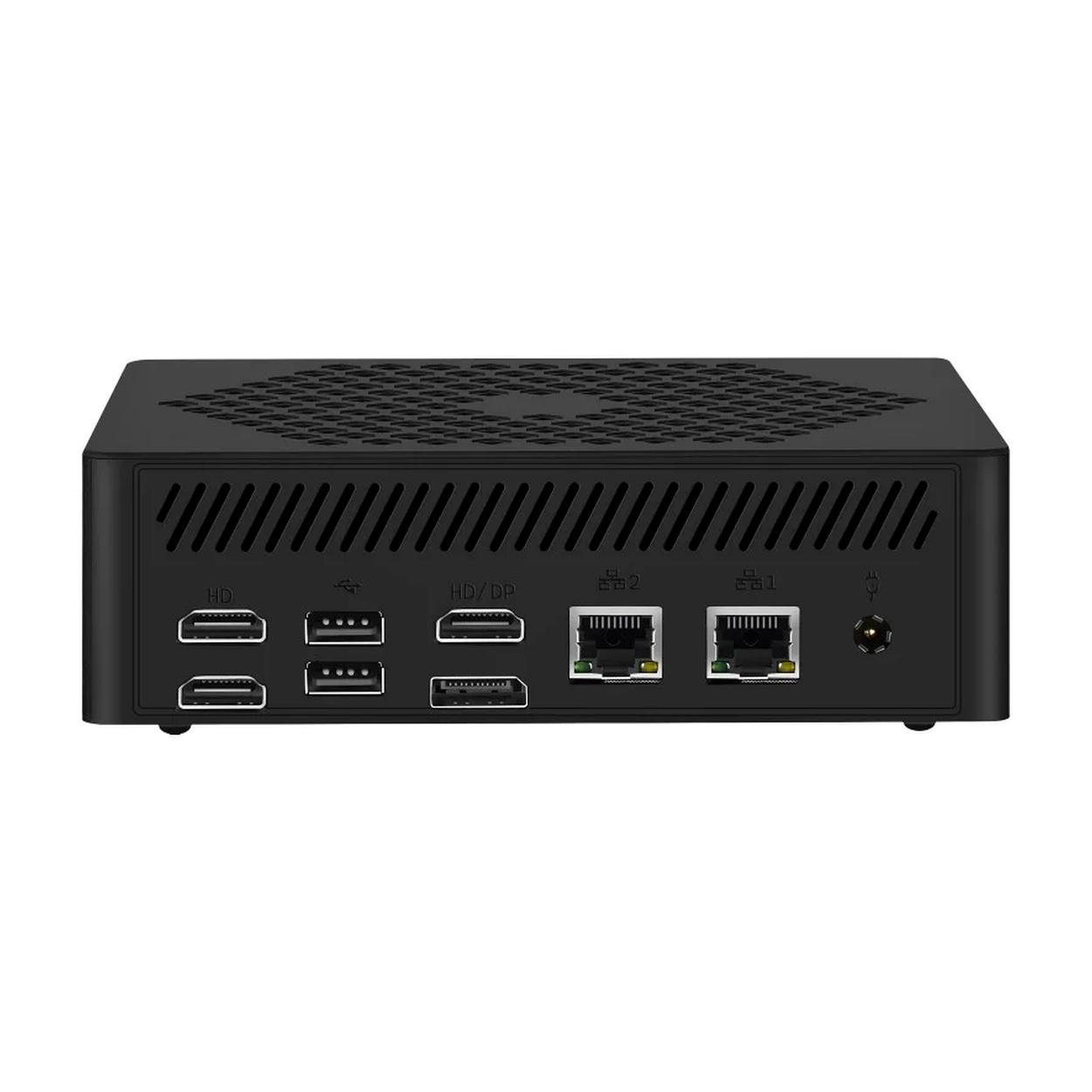 Czarny panel przedni mini PC: 2x HD, 4x USB, 1x HD/DP, 2x Ethernet, 1x zasilanie.