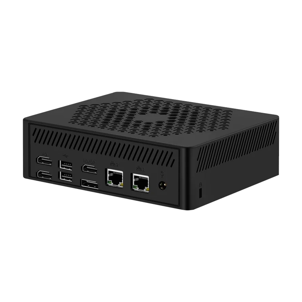 Czarny mini PC z otworami wentylacyjnymi na górze i bokach. Porty: USB, HD/DP, Ethernet.