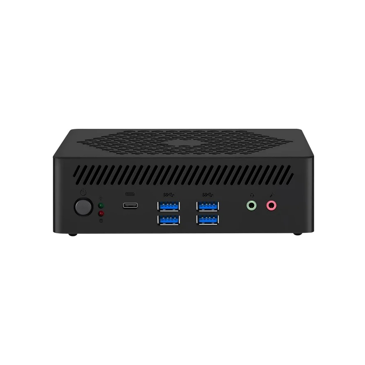 Czarny minikomputer z portami USB, przyciskiem zasilania i gniazdami audio.