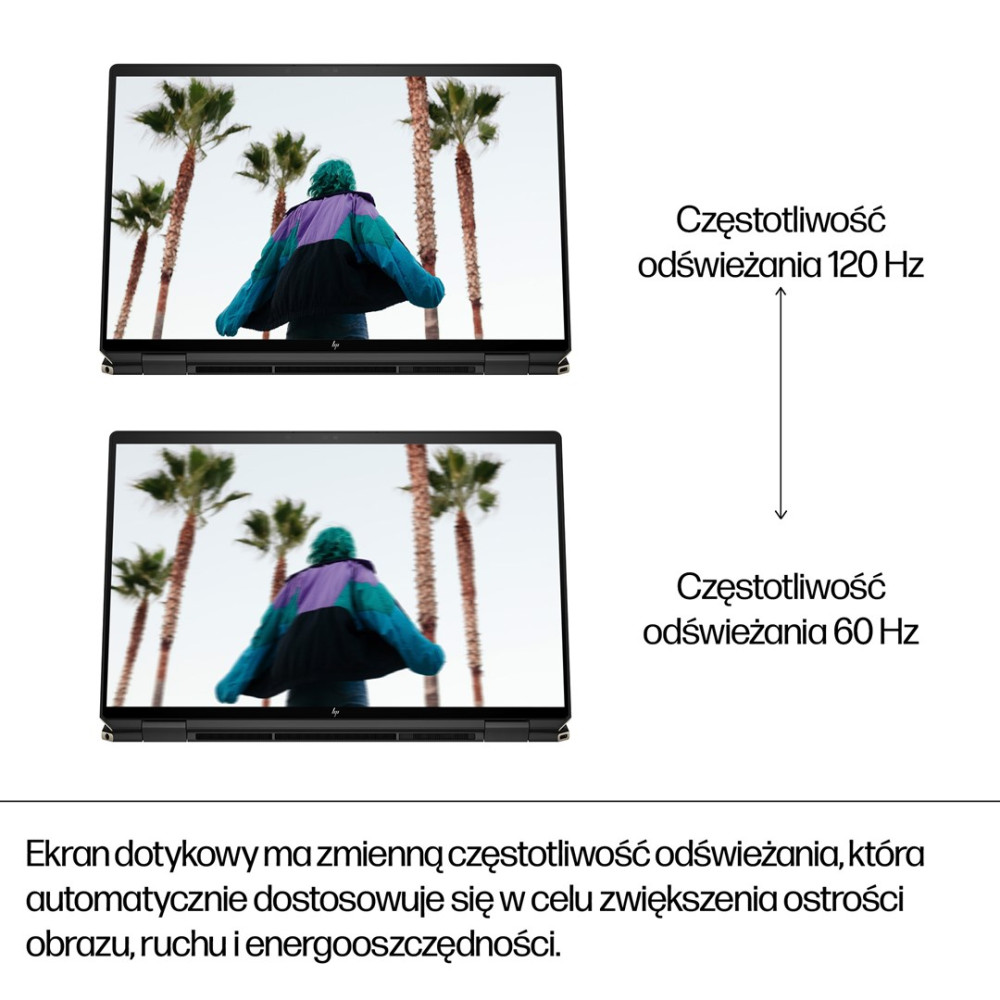 Dwa laptopy pokazują osobę na tle palm. Jeden przy 120 Hz, drugi przy 60 Hz.