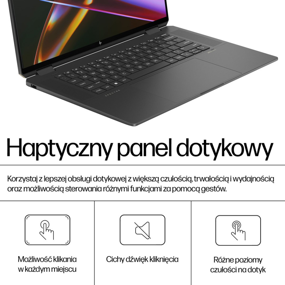 Czarny laptop z ekranem dotykowym i klawiaturą. Poniżej znajdują się trzy ikony.