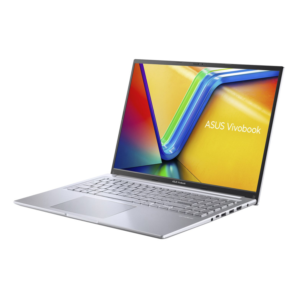 Srebrny laptop z żywym ekranem na białym tle.