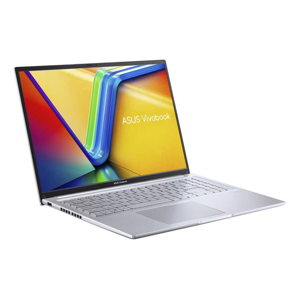 Srebrny laptop ASUS Vivobook z kolorową tapetą na ekranie.