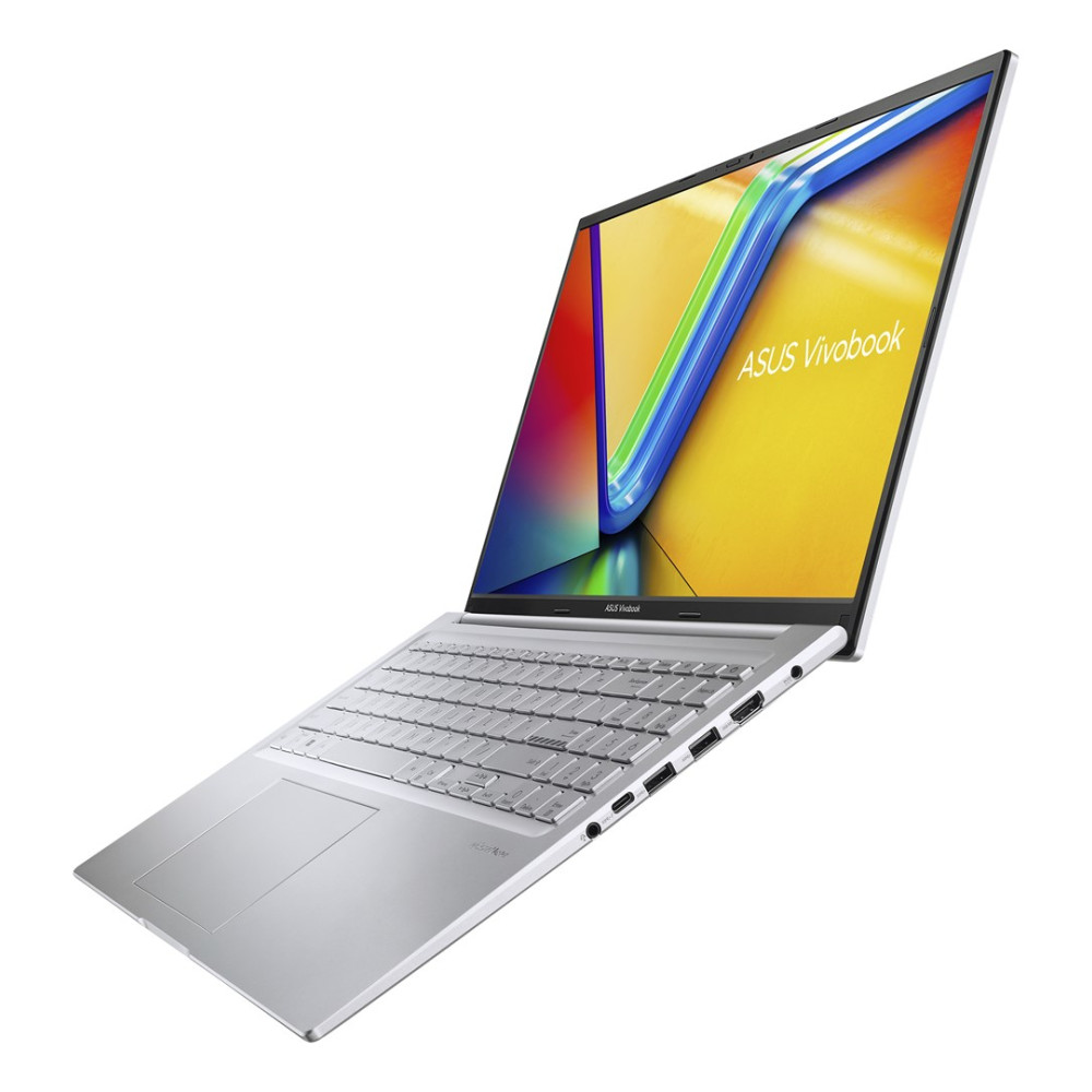 Srebrny laptop Asus Vivobook z otwartym ekranem i klawiaturą.