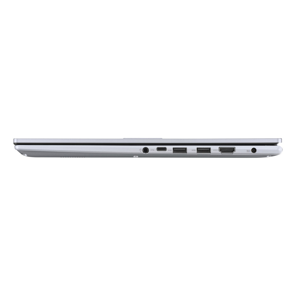 Srebrny laptop z portami po bokach: audio, USB i HDMI.
