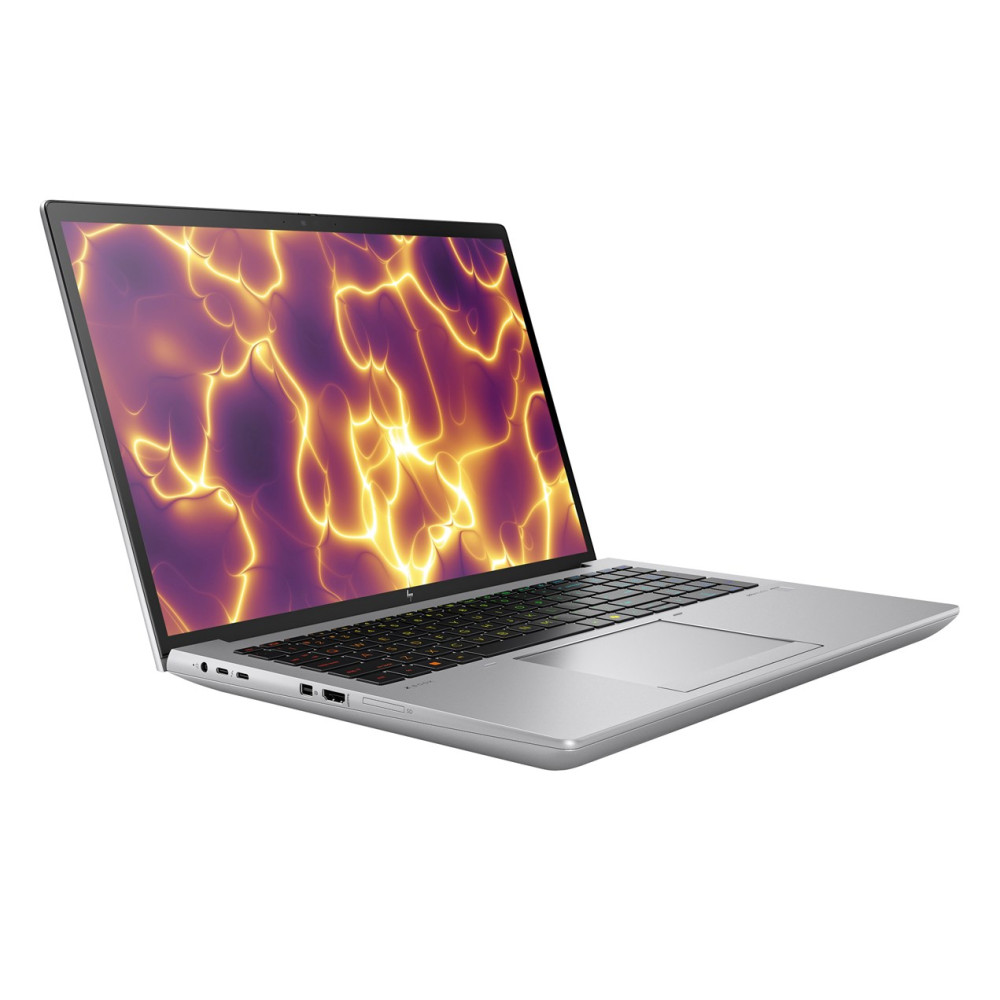 Srebrny laptop z jasnym żółto-fioletowym wzorem na ekranie.