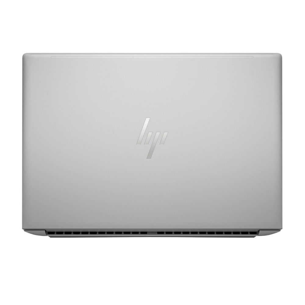 Zamknięty, srebrny laptop HP z logo pośrodku.