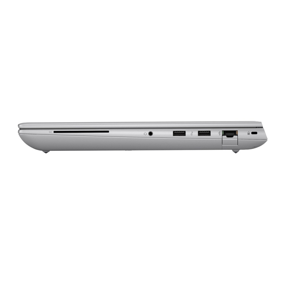 Srebrny laptop z boku, czytnik kart SD, gniazdo słuchawkowe, porty USB i złącze zasilania.