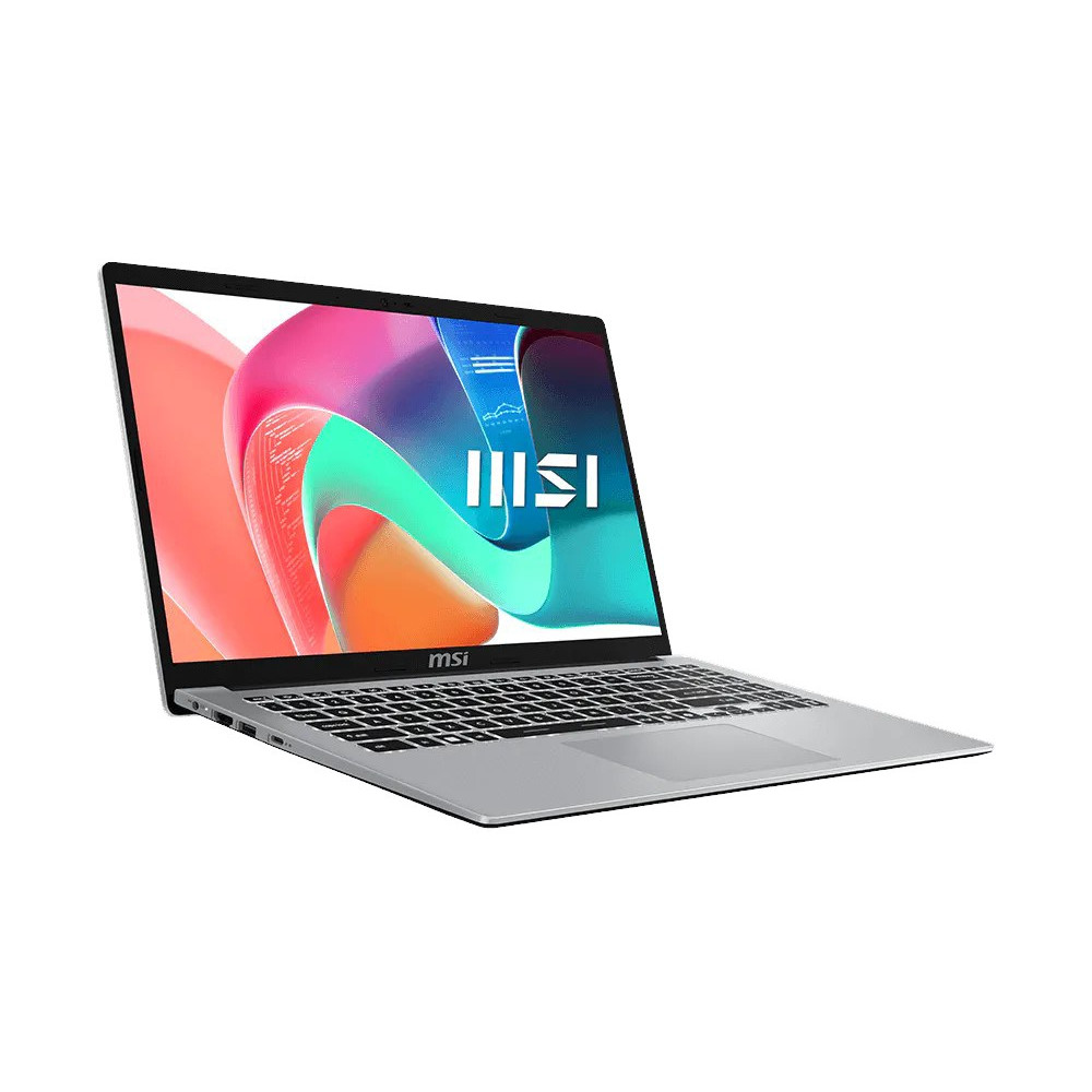Srebrny laptop MSI z kolorowym, abstrakcyjnym tłem na ekranie.
