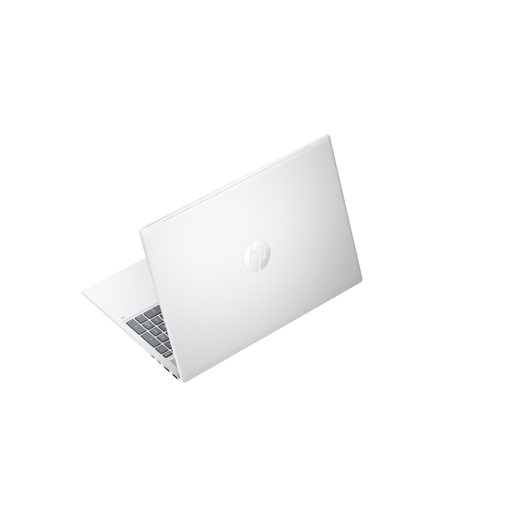 Biały laptop HP widoczny z góry na białym tle.