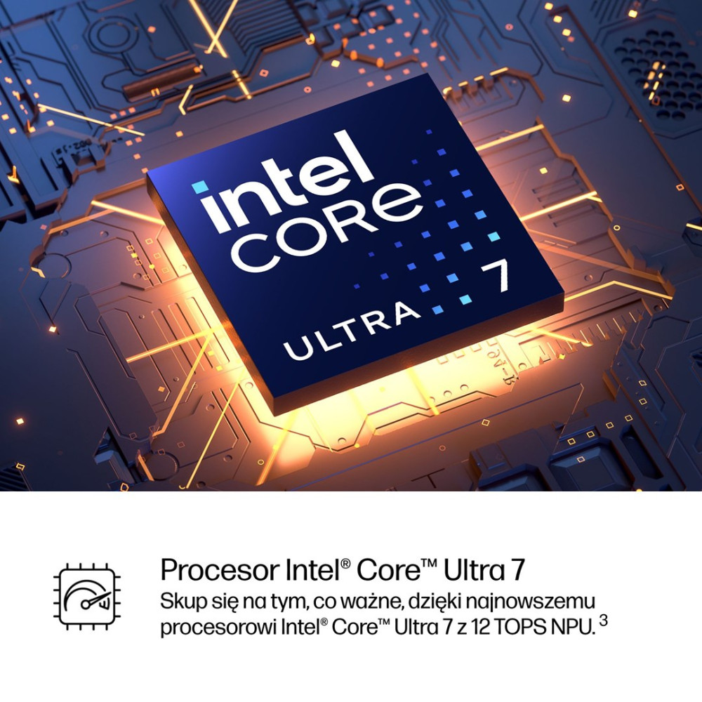 Procesor Intel Core Ultra 7 na płycie obwodów z świecącymi pomarańczowymi liniami.