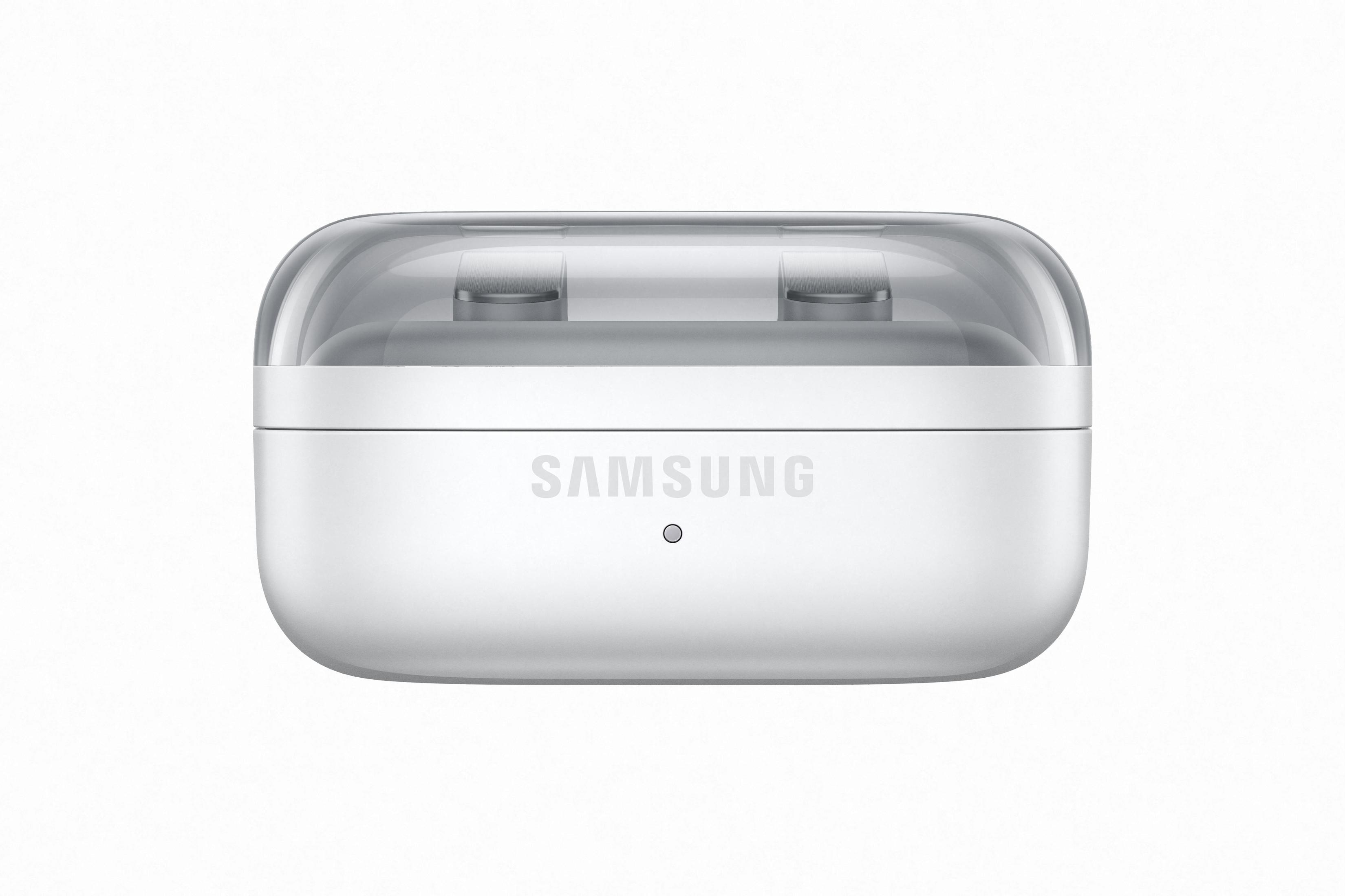 Estuche blanco cerrado para auriculares Samsung con tapa transparente.