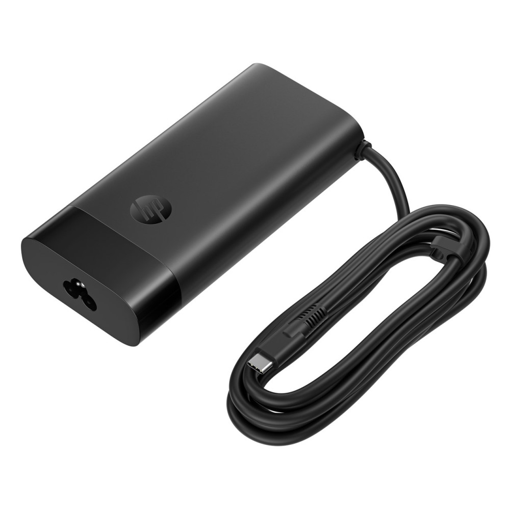 Czarny zasilacz HP z kablem USB-C na białym tle.