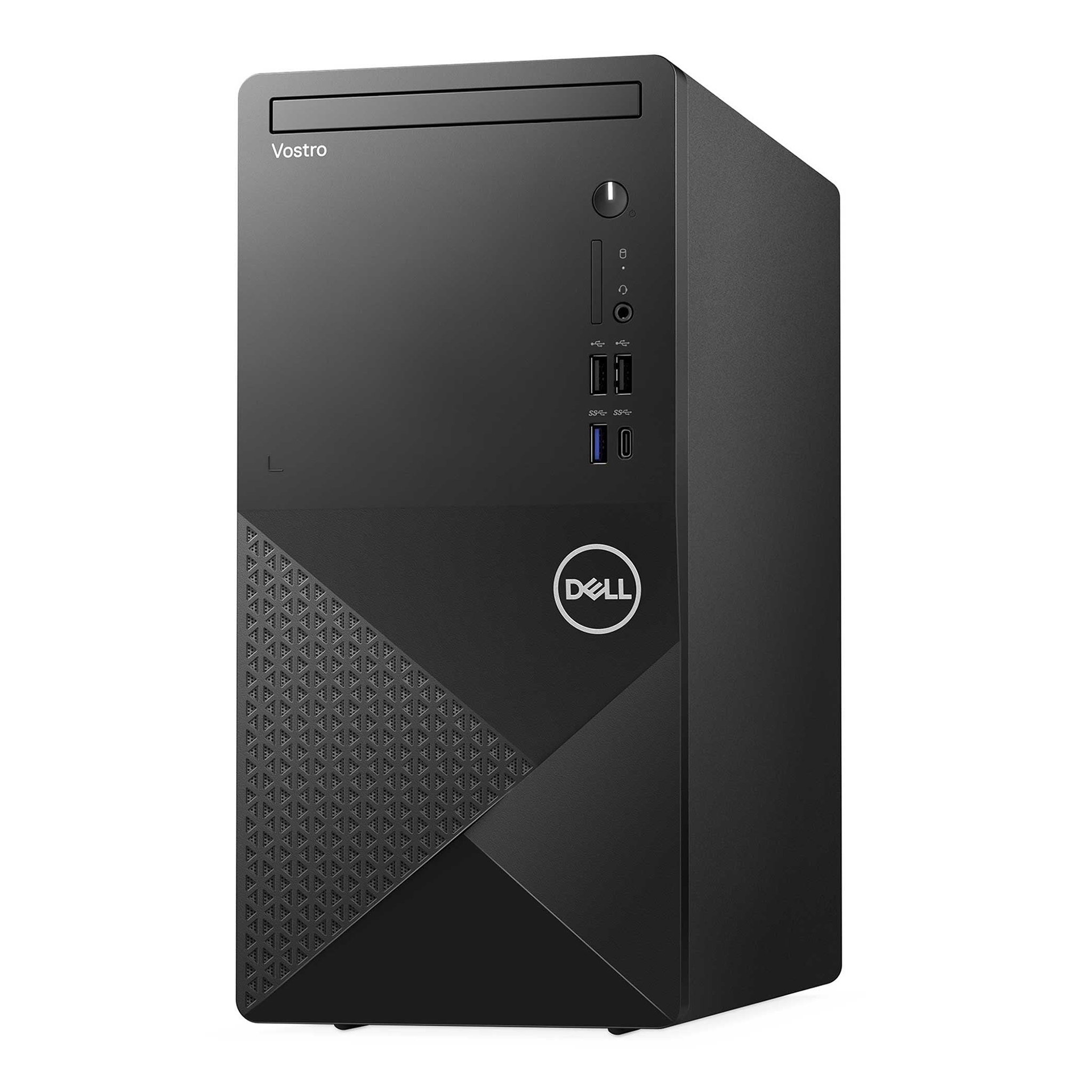 USB bağlantı noktalarına ve havalandırma desenlerine sahip siyah Dell Vostro masaüstü bilgisayar.