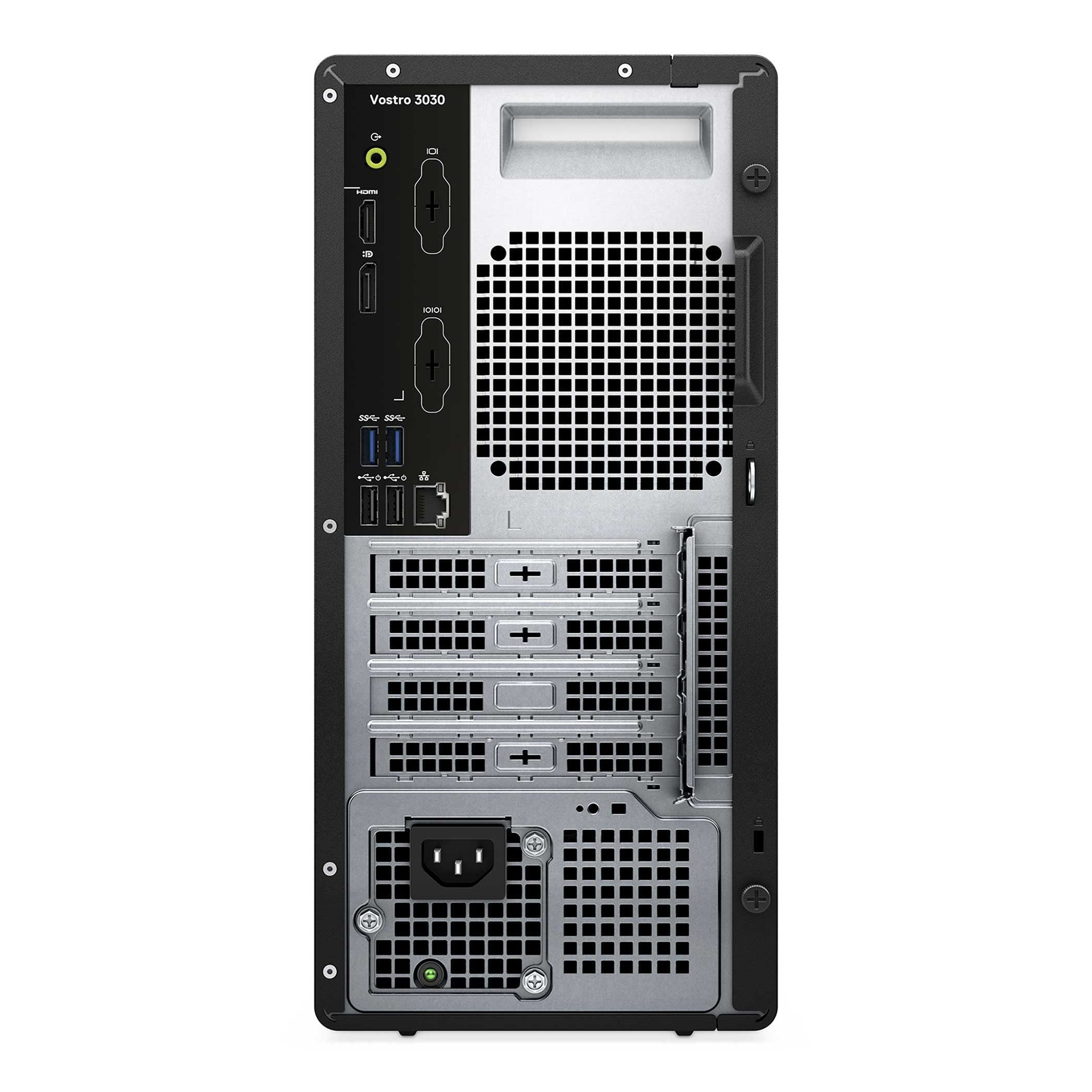 Portları ve havalandırma ızgarası olan siyah Dell Vostro 3030 PC'nin arka görünümü.