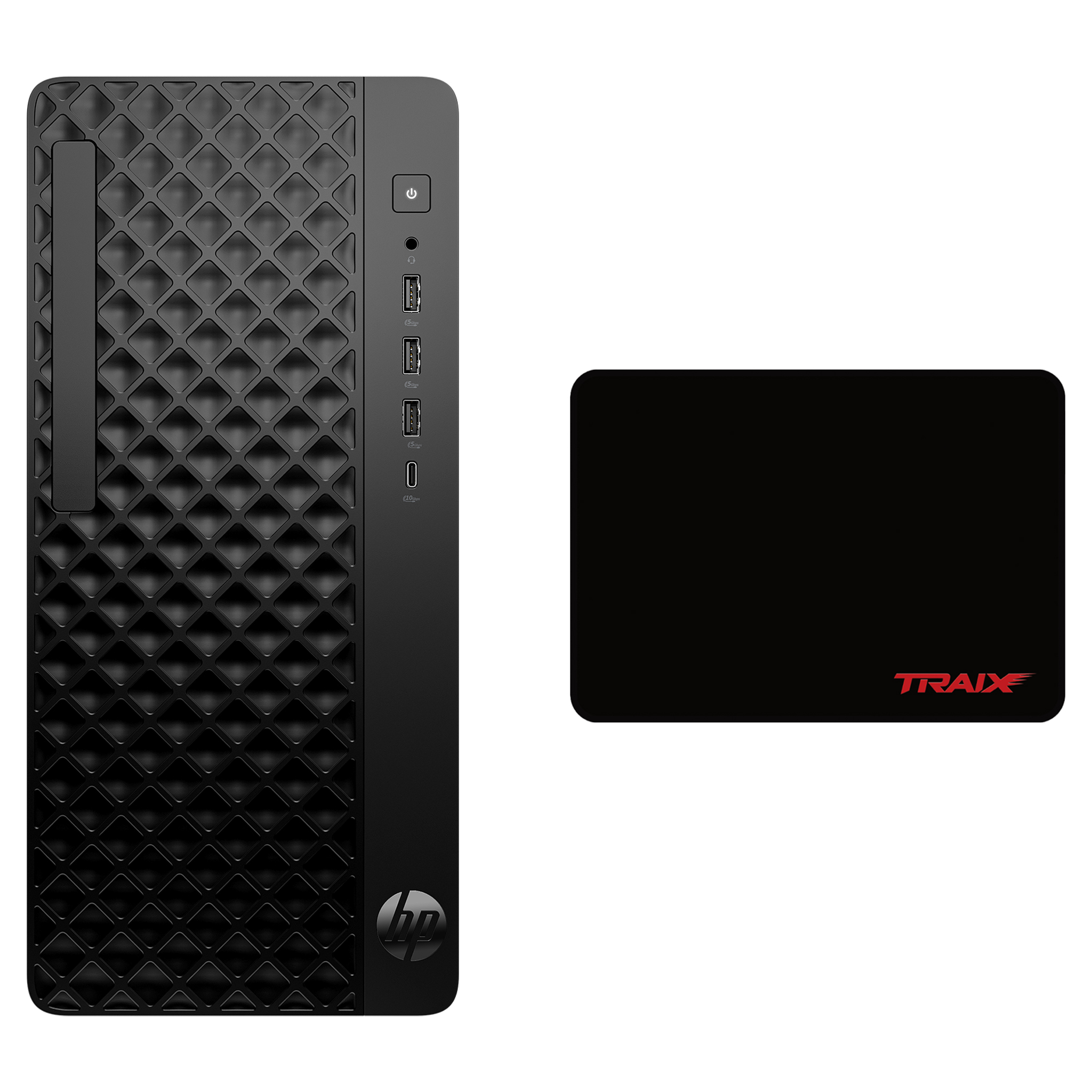 Elmas desenli siyah HP masaüstü kulesi ve kırmızı TRAIX logolu siyah mousepad.