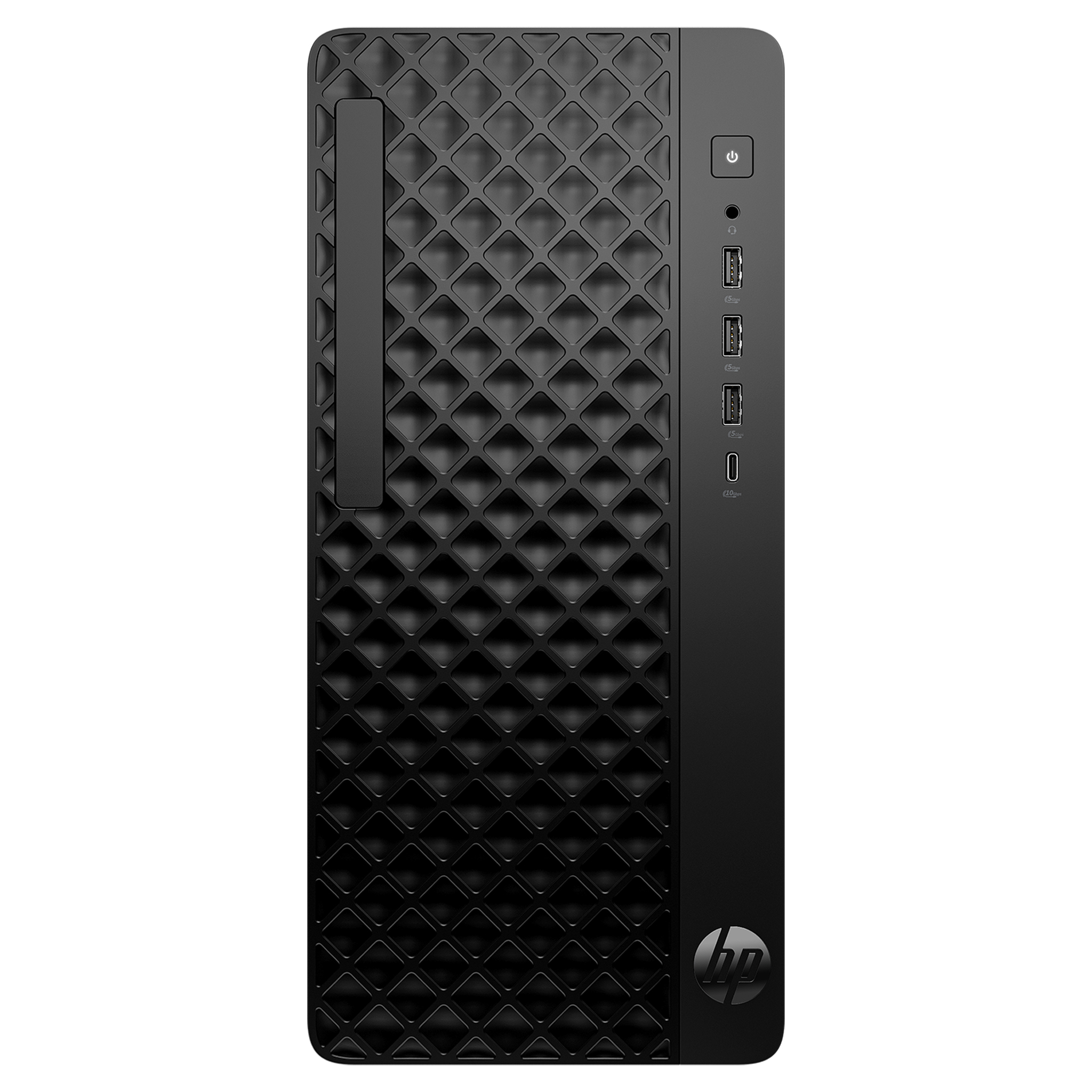 Dokuya sahip ön panel, güç düğmesi, USB bağlantı noktaları ve HP logosu olan siyah HP masaüstü kulesi.