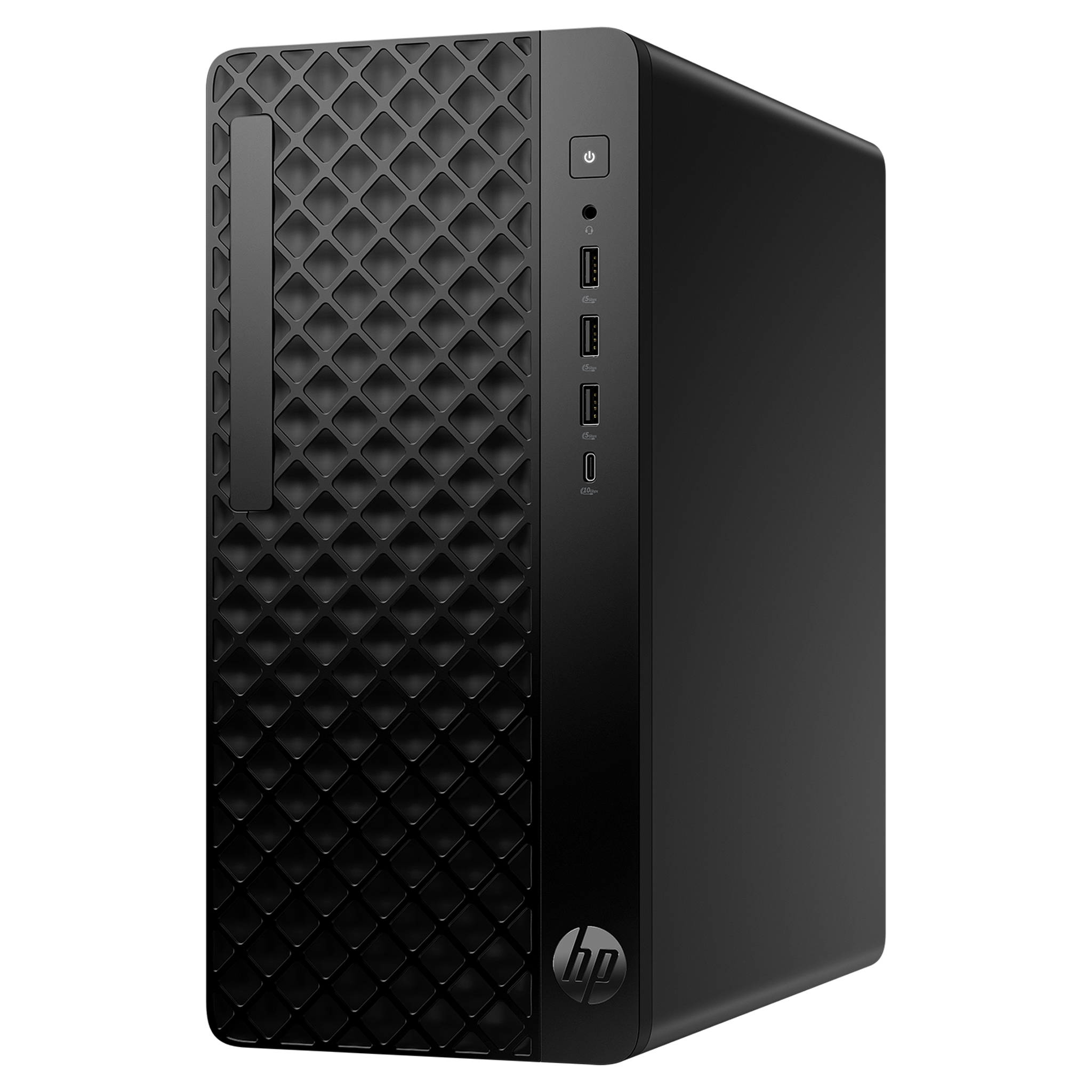 Dokulu ön panele ve USB bağlantı noktalarına sahip siyah HP masaüstü.
