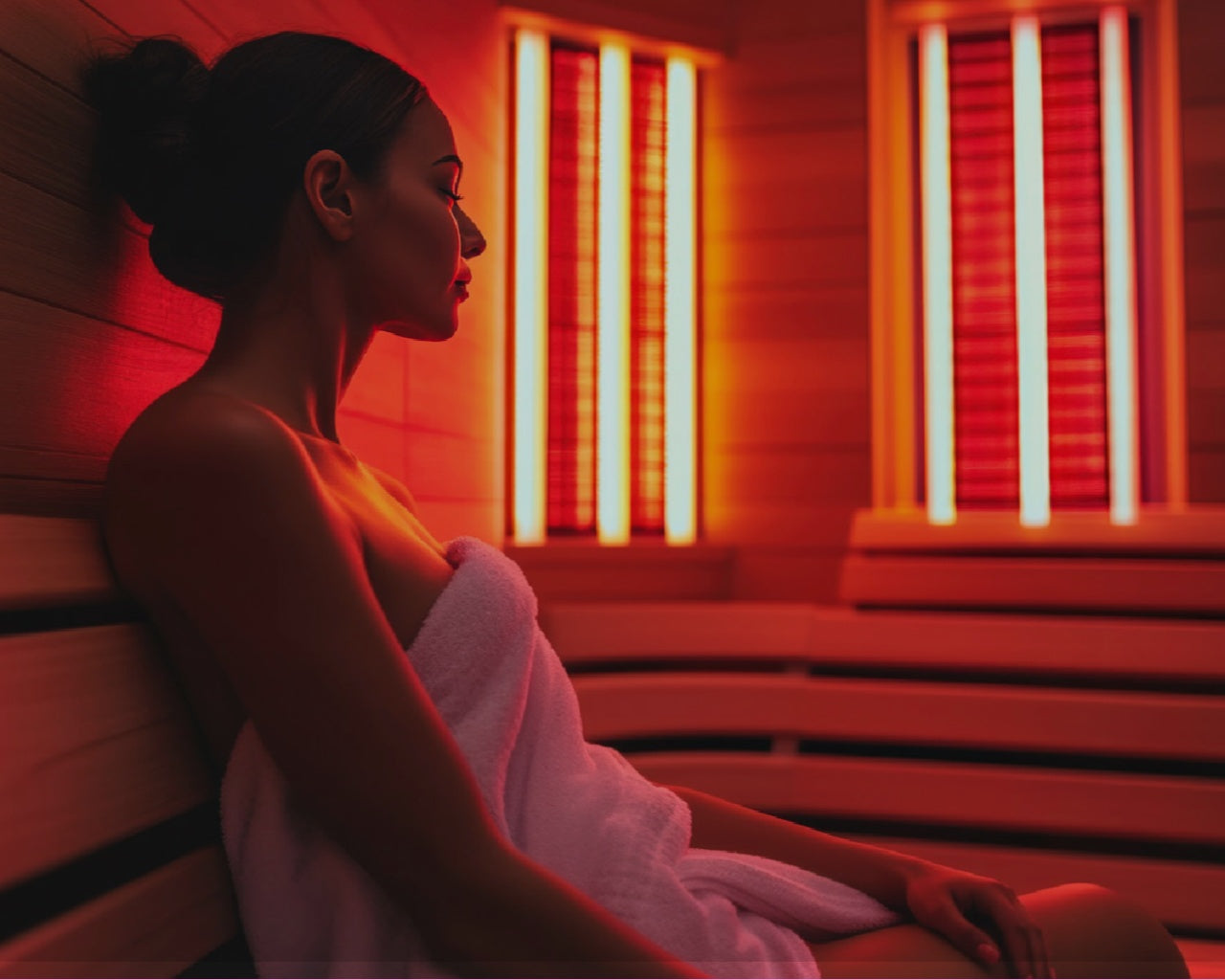 Mujer en sauna con paneles de madera, envuelta en toalla blanca, sentada cerca de calentadores infrarrojos.