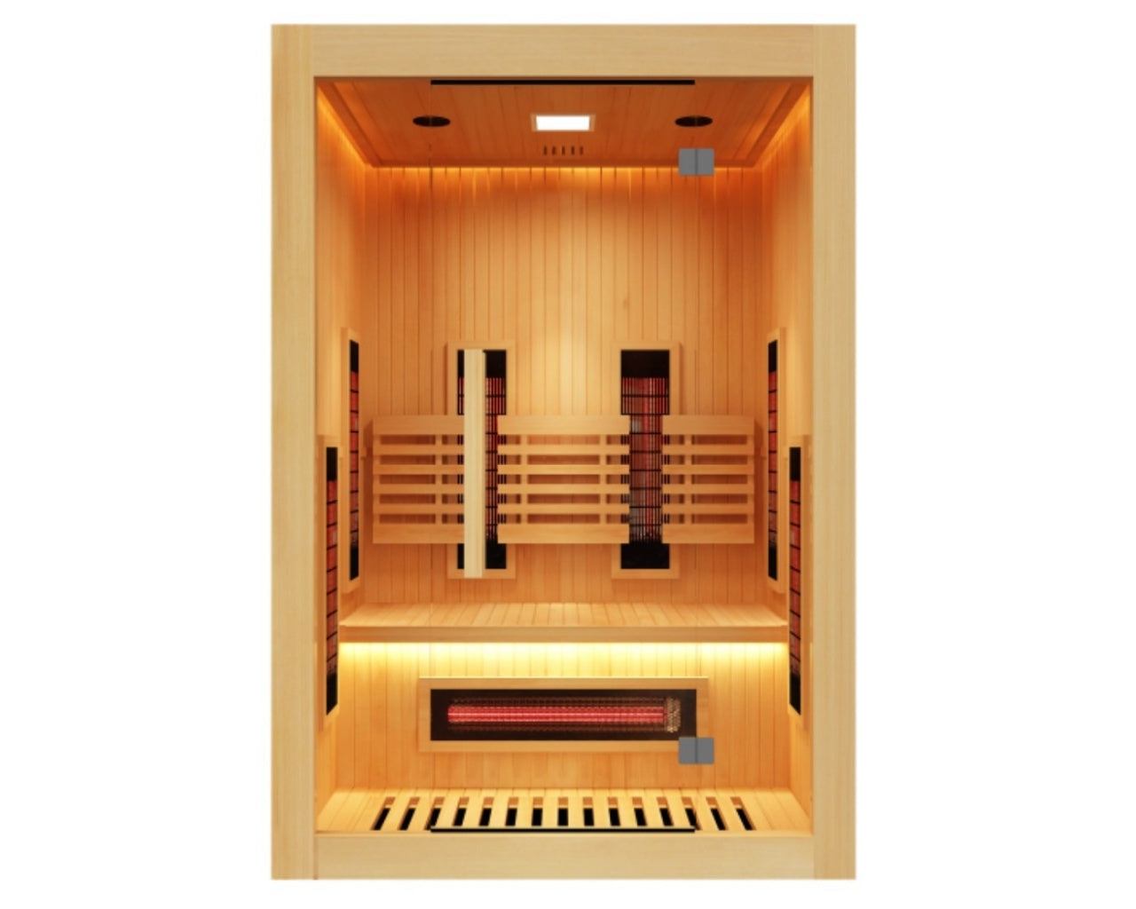 Sauna de madera con bancos, calentadores e iluminación.