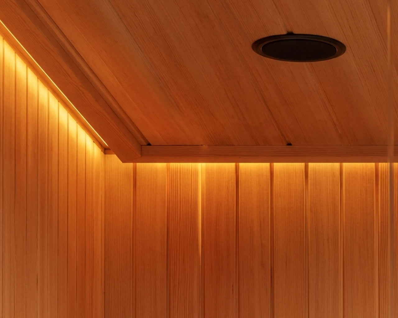 Pared y techo revestidos de madera con iluminación indirecta.