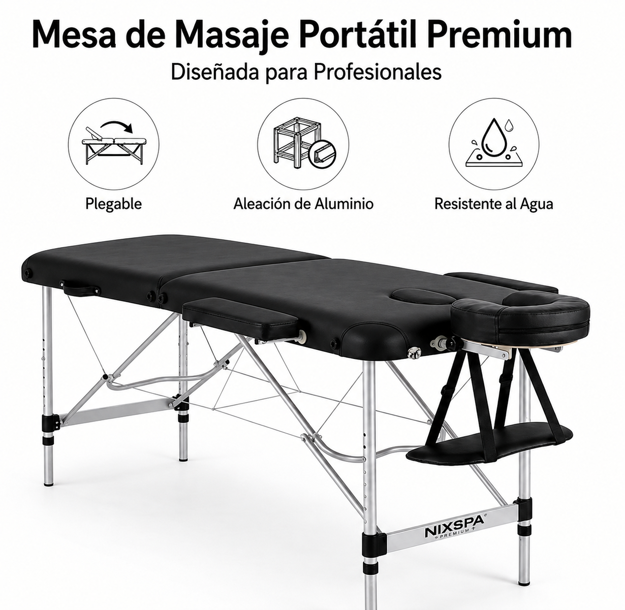 Mesa de masaje portátil negra de aluminio con reposacabezas y apoyabrazos ajustables.