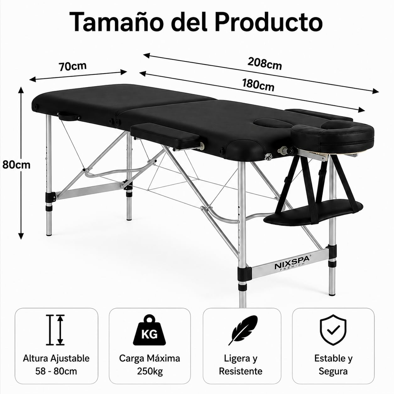 Mesa de masaje negra de 70x208cm, altura ajustable 58-80cm.