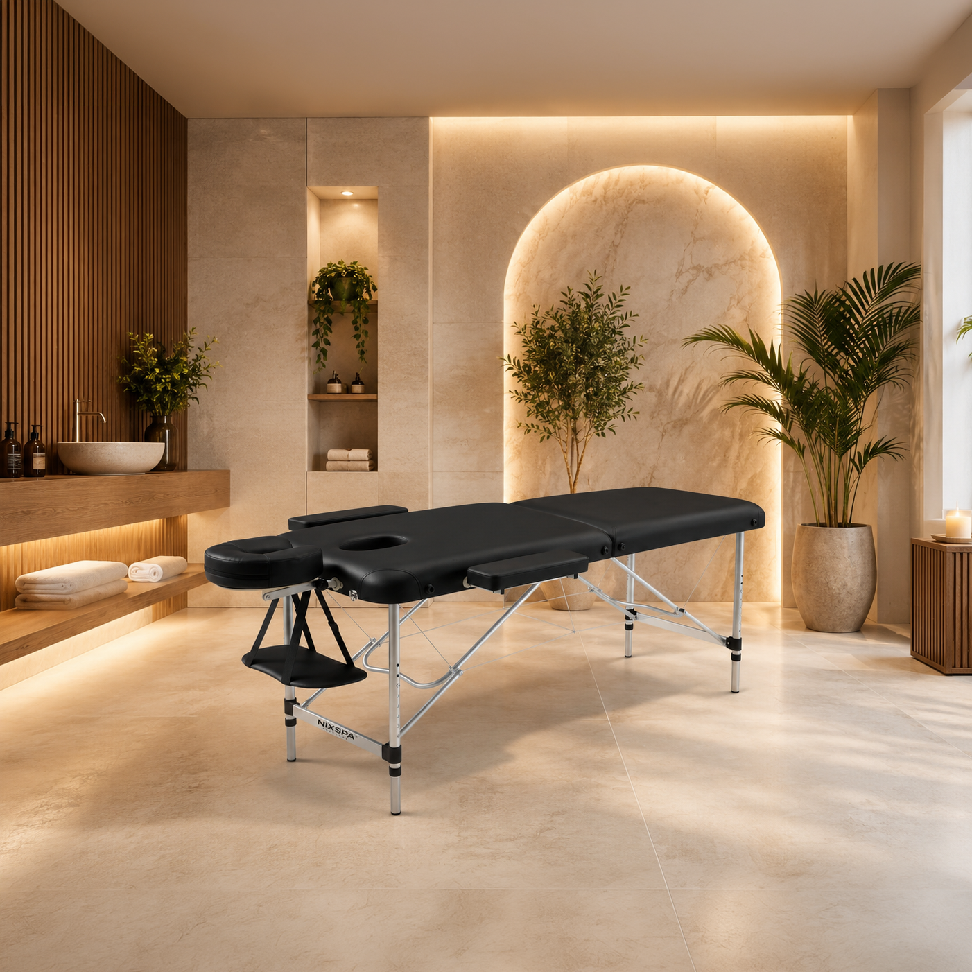 Mesa de masaje negra en una sala elegante con plantas e iluminación.