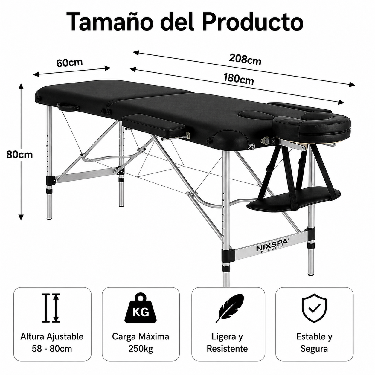 Mesa de masaje negra de 60x208x80cm, ajustable 58-80cm, carga máxima 250kg.