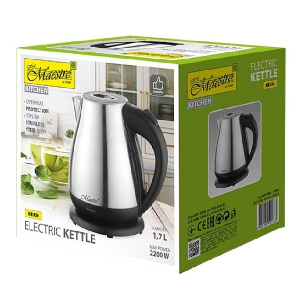 Bollitore elettrico argentato con manico nero, capacità 1,7L, 2200W, Maestro.