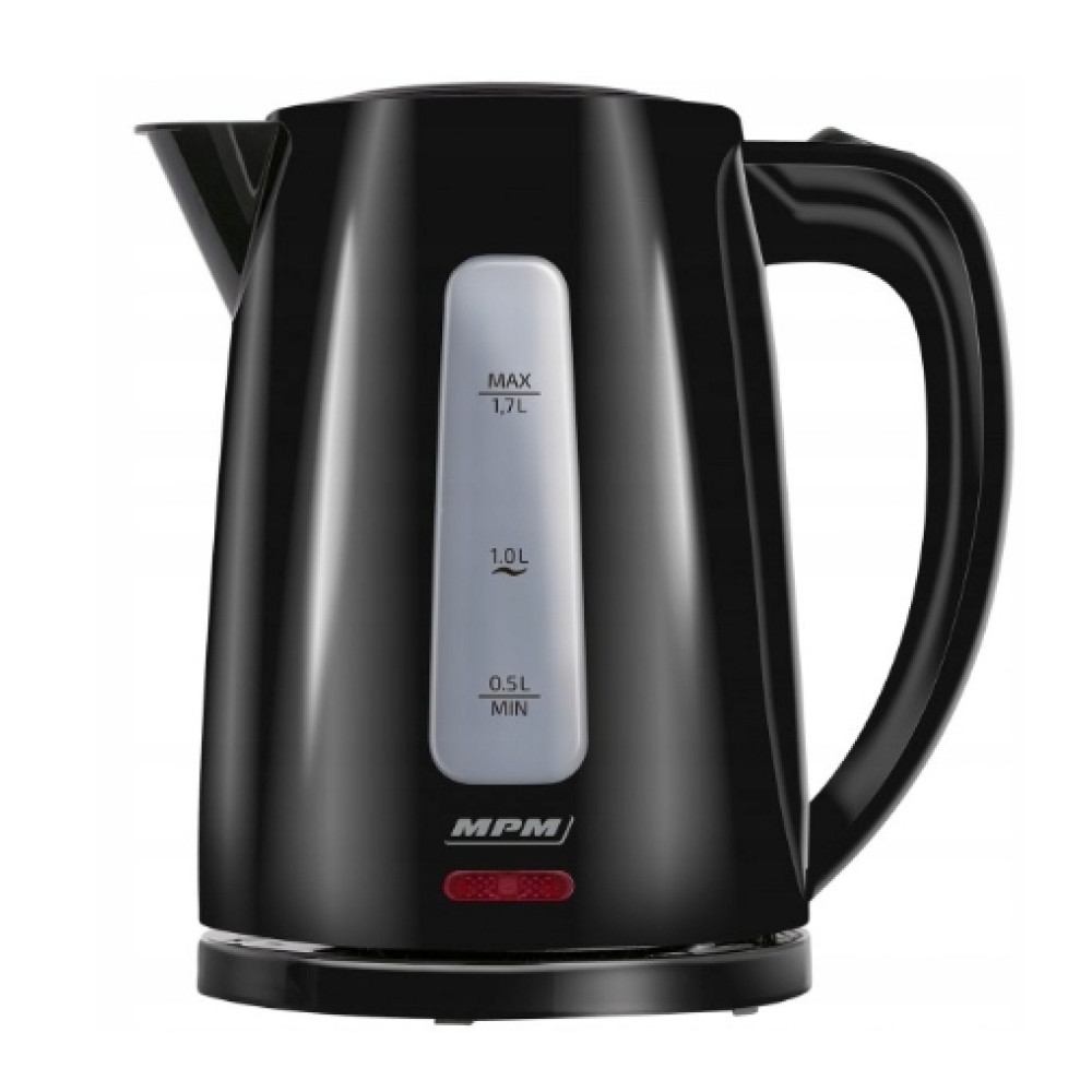 Bollitore elettrico nero con indicatore del livello dell'acqua e luce rossa.