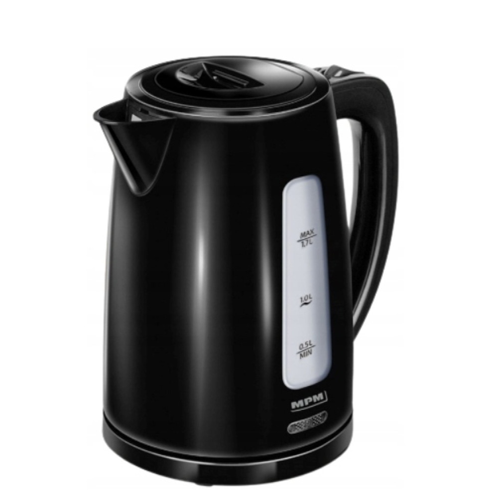 Un bollitore elettrico nero con manico e indicatore livello acqua.