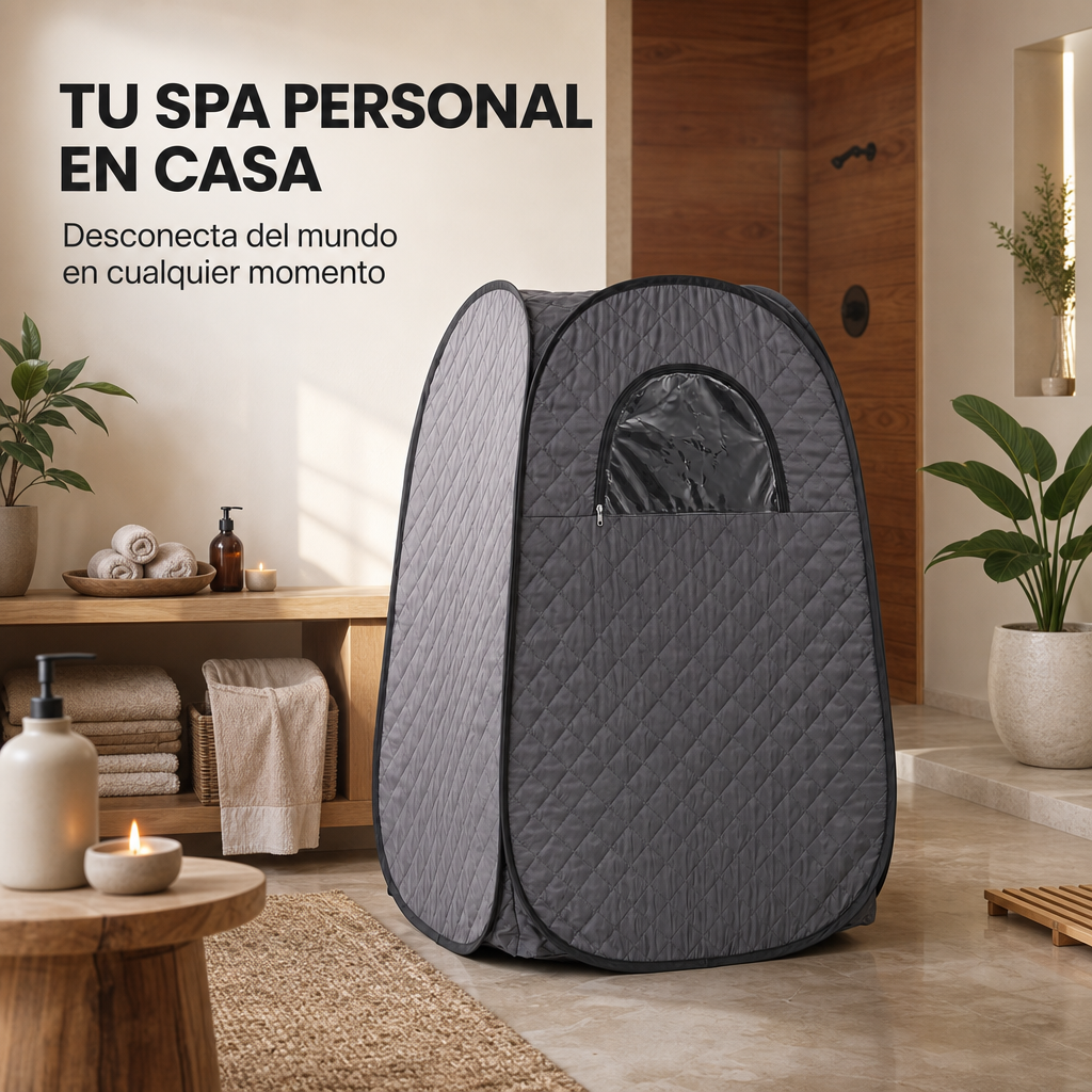 Una carpa de sauna gris con ventana está en un baño junto a un estante con toallas.