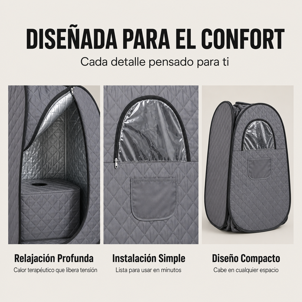 Sauna portátil gris con ventana y bolsillo. El interior muestra un taburete.