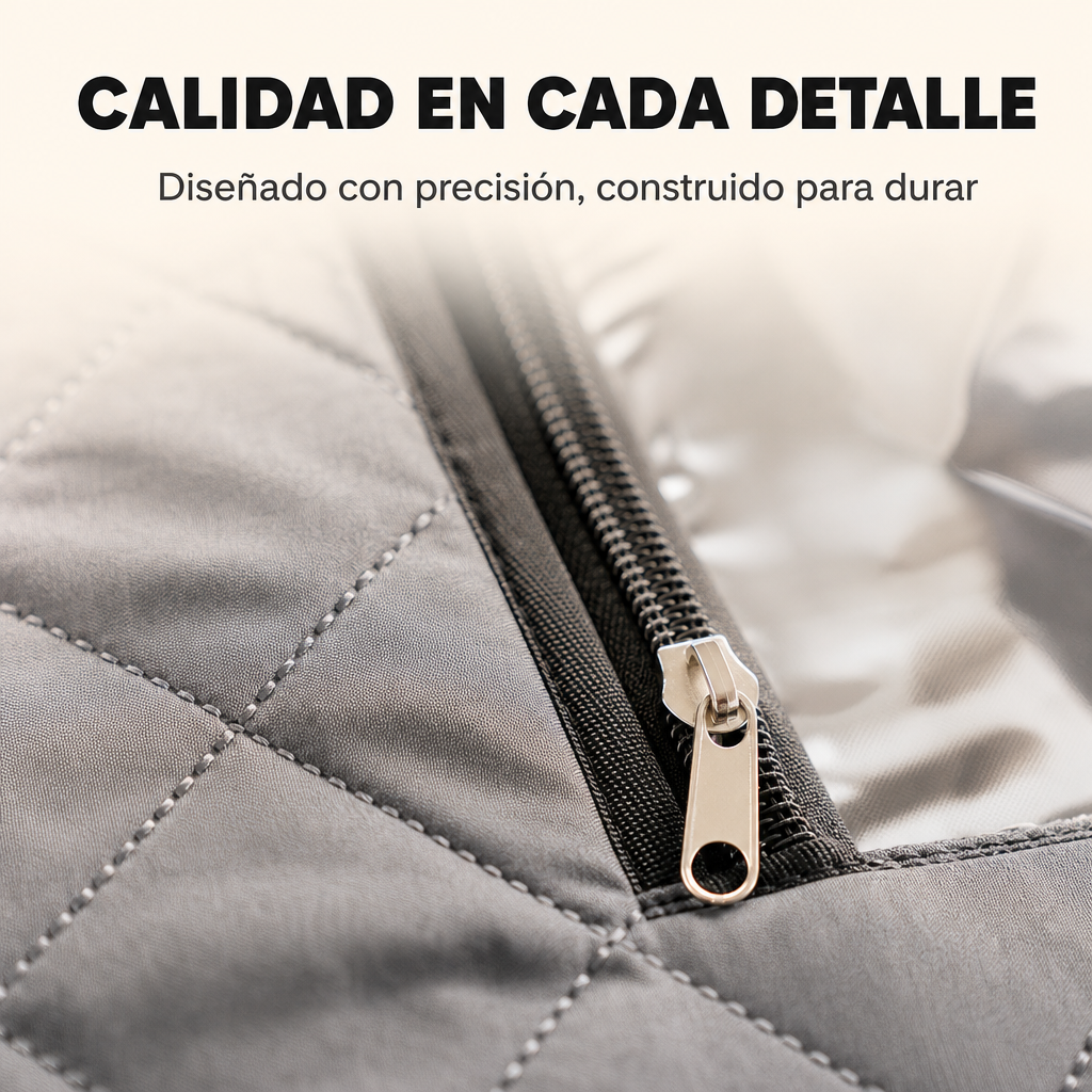 Primer plano de una bolsa gris acolchada con cremallera abierta.