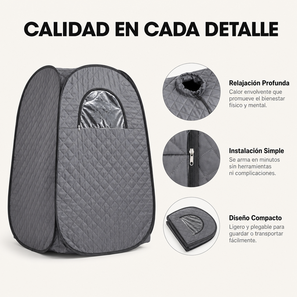 Tienda de sauna gris acolchada con ventana y cremalleras. Detalles muestran apertura, cremallera y tienda plegada.