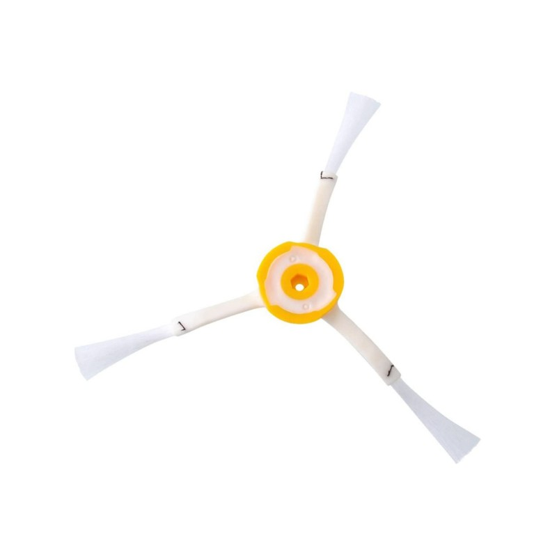 A white robotic vacuum side brush with a yellow center and three white bristles.