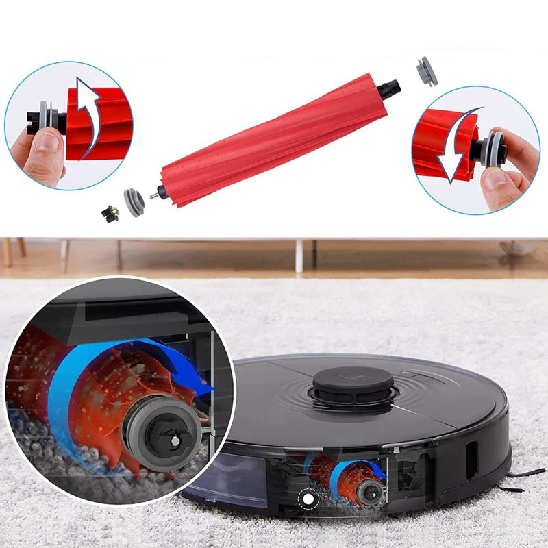 A red brush is shown, with close-ups of assembly and a robot vacuum.