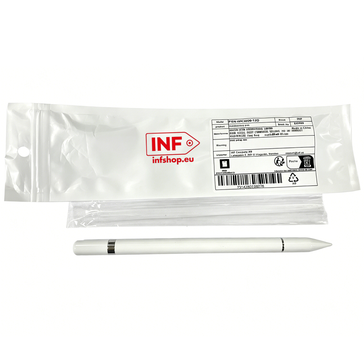 Ein weißer Eingabestift liegt vor einer Verpackung mit dem INF-Logo.