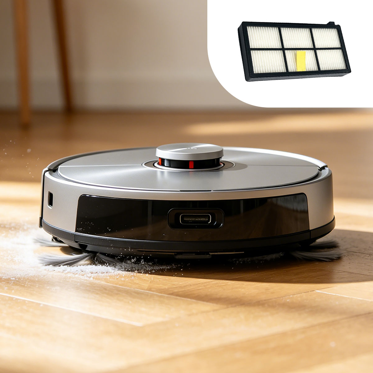 Un aspirateur robot rond nettoie un parquet. Un filtre de remplacement est visible en haut à droite.
