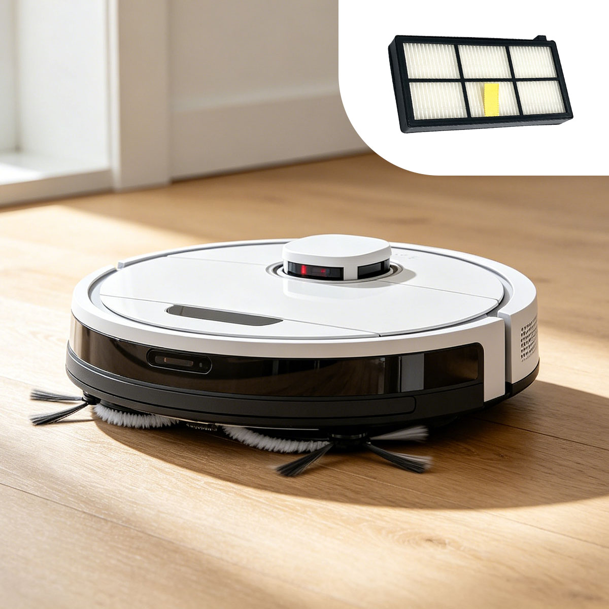 Un aspirateur robot blanc sur un plancher de bois. Un filtre de remplacement est incrusté en haut à droite.