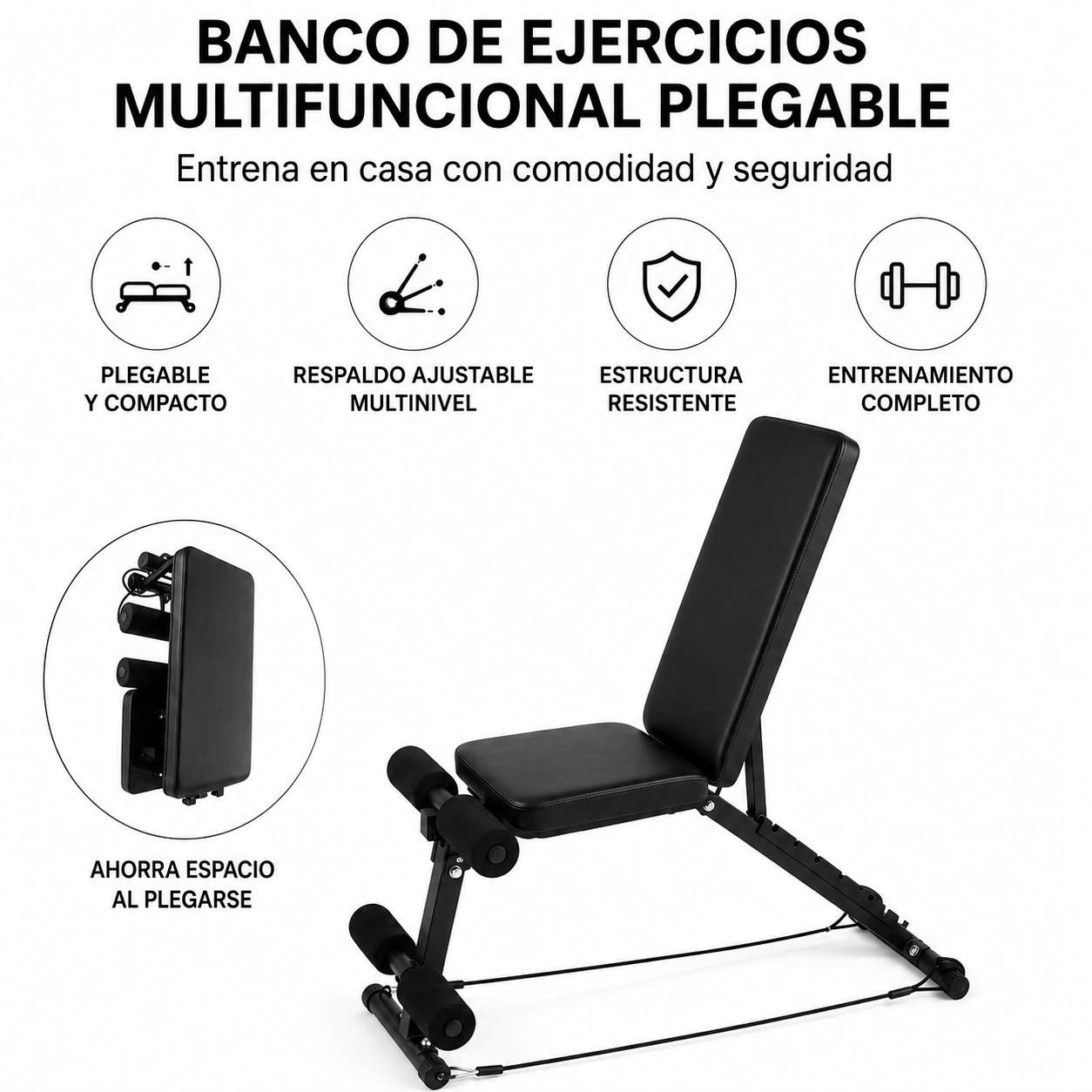 Banco de pesas negro ajustable, plegable, con rodillos para piernas y marco robusto.