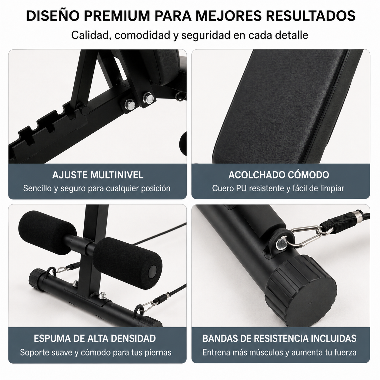 Cuatro detalles de un aparato de fitness negro: ajuste, acolchado, rodillos para piernas, bandas.