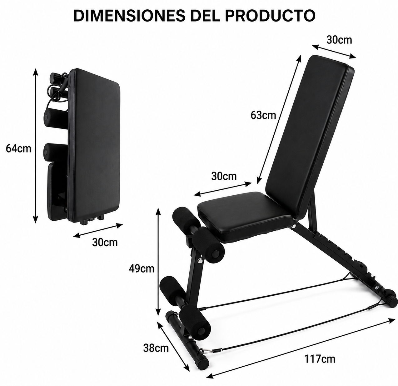 Banco de pesas negro con dimensiones que se muestran en la imagen.