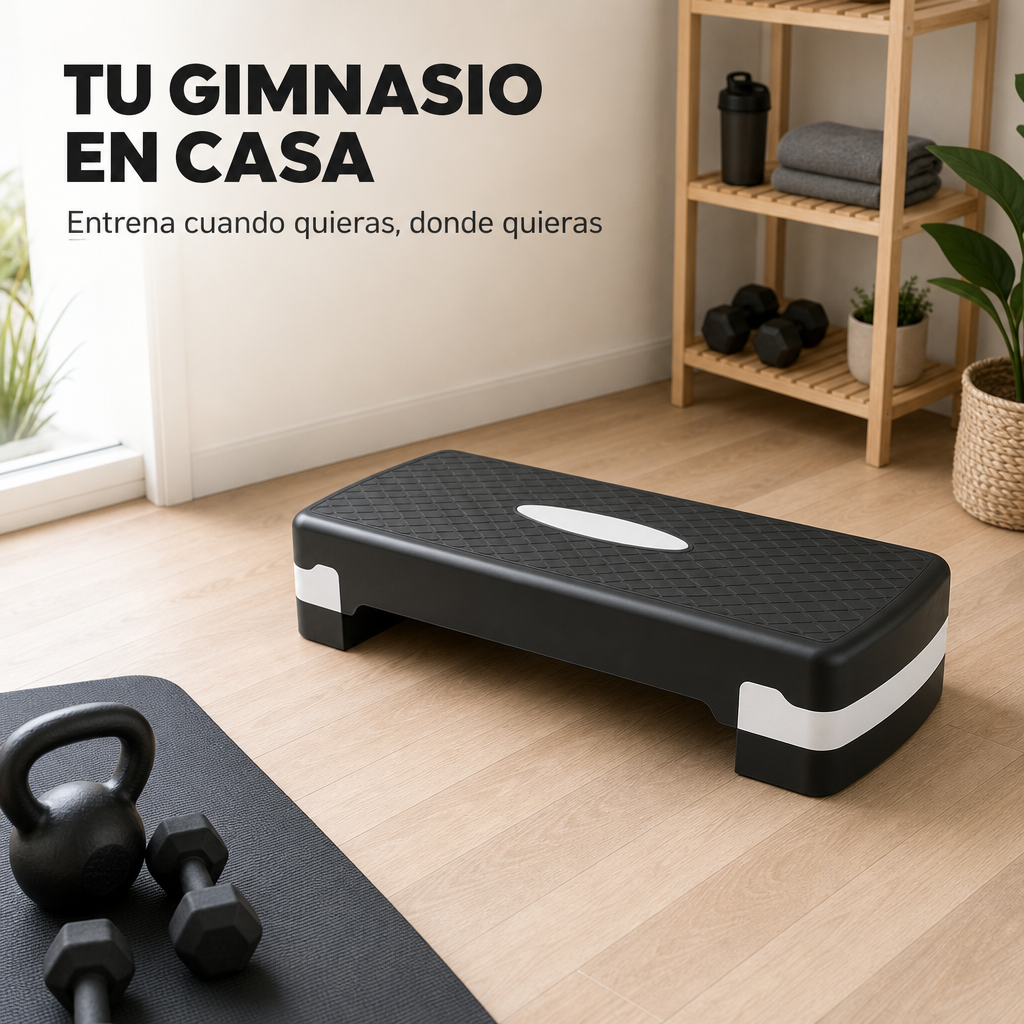 Plataforma de ejercicios negra con detalles blancos y pesas en suelo de madera.