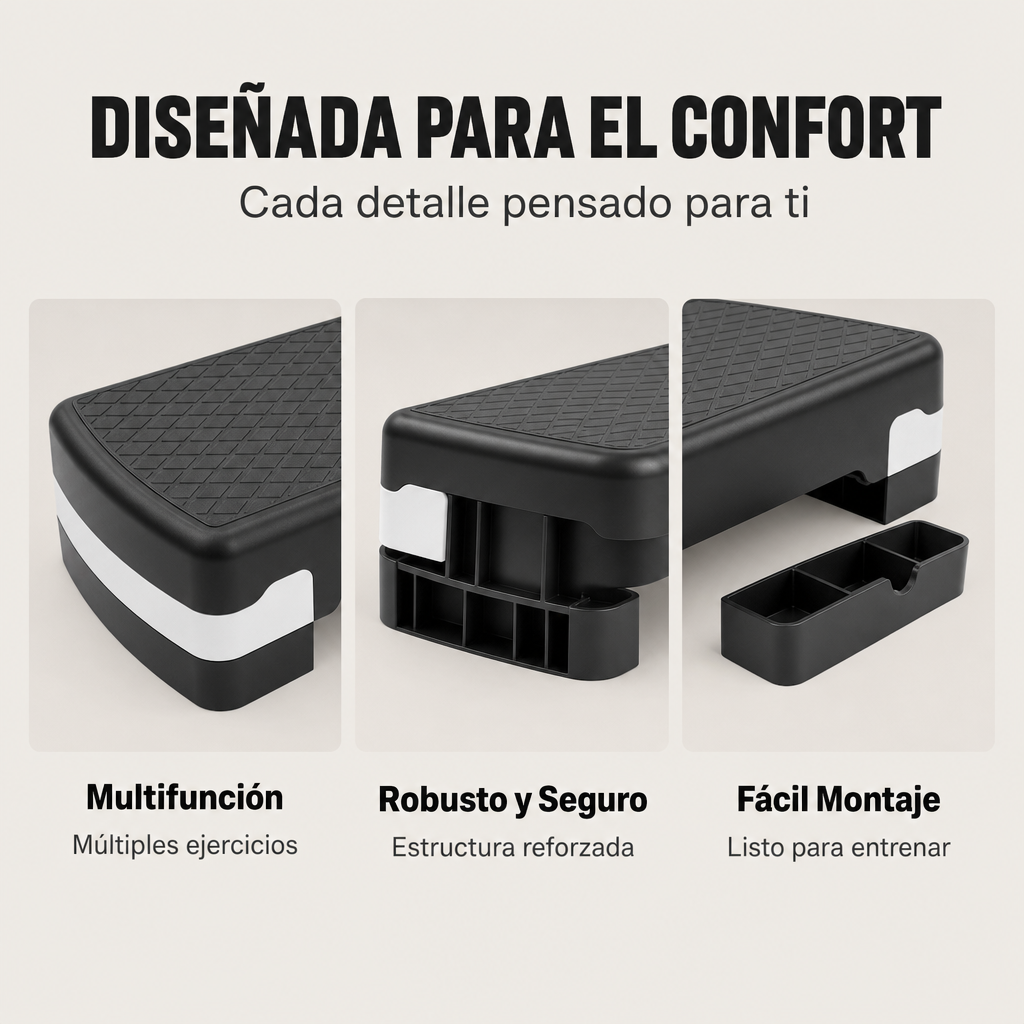 Stepper negro con franjas blancas, tres vistas, texto en español.