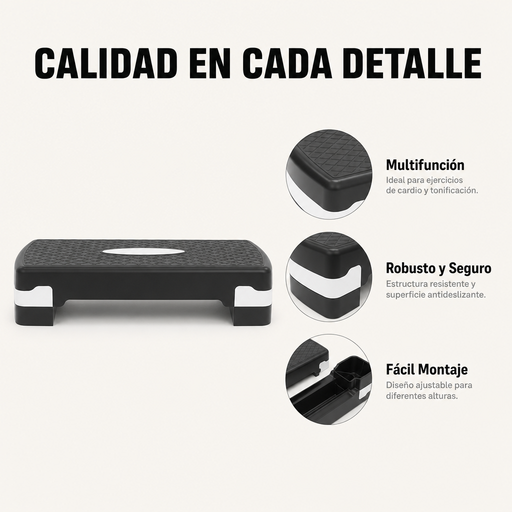 Plataforma de step negra con detalles blancos y vistas.