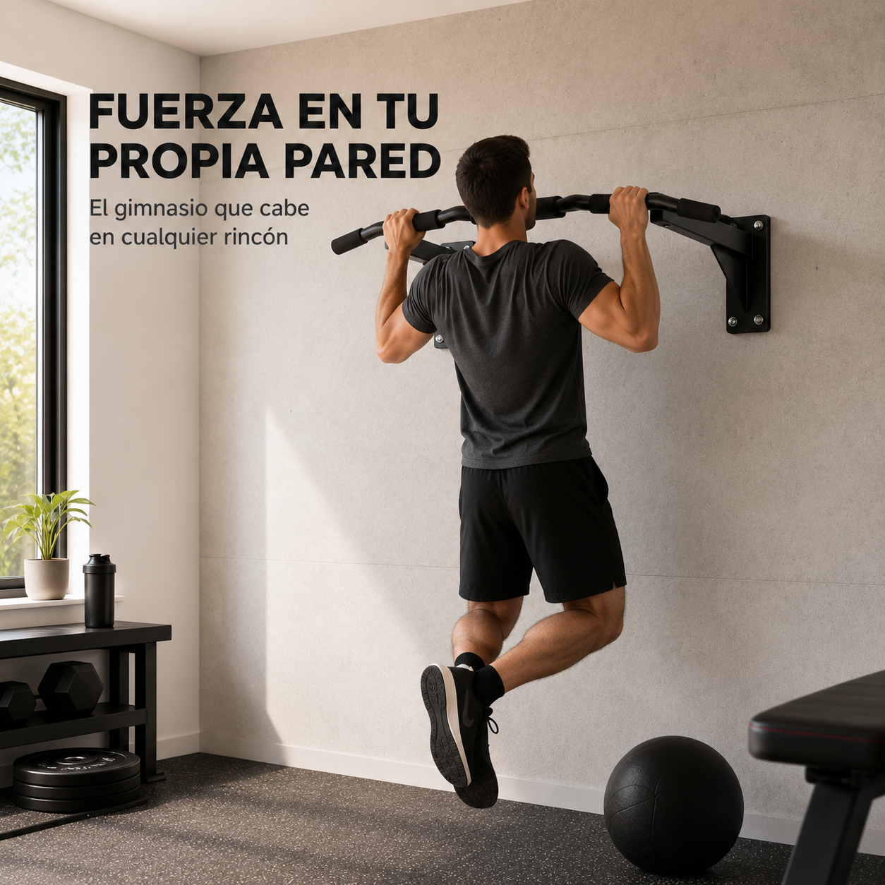 Hombre haciendo dominadas en barra de pared en gimnasio con pesas y balón.